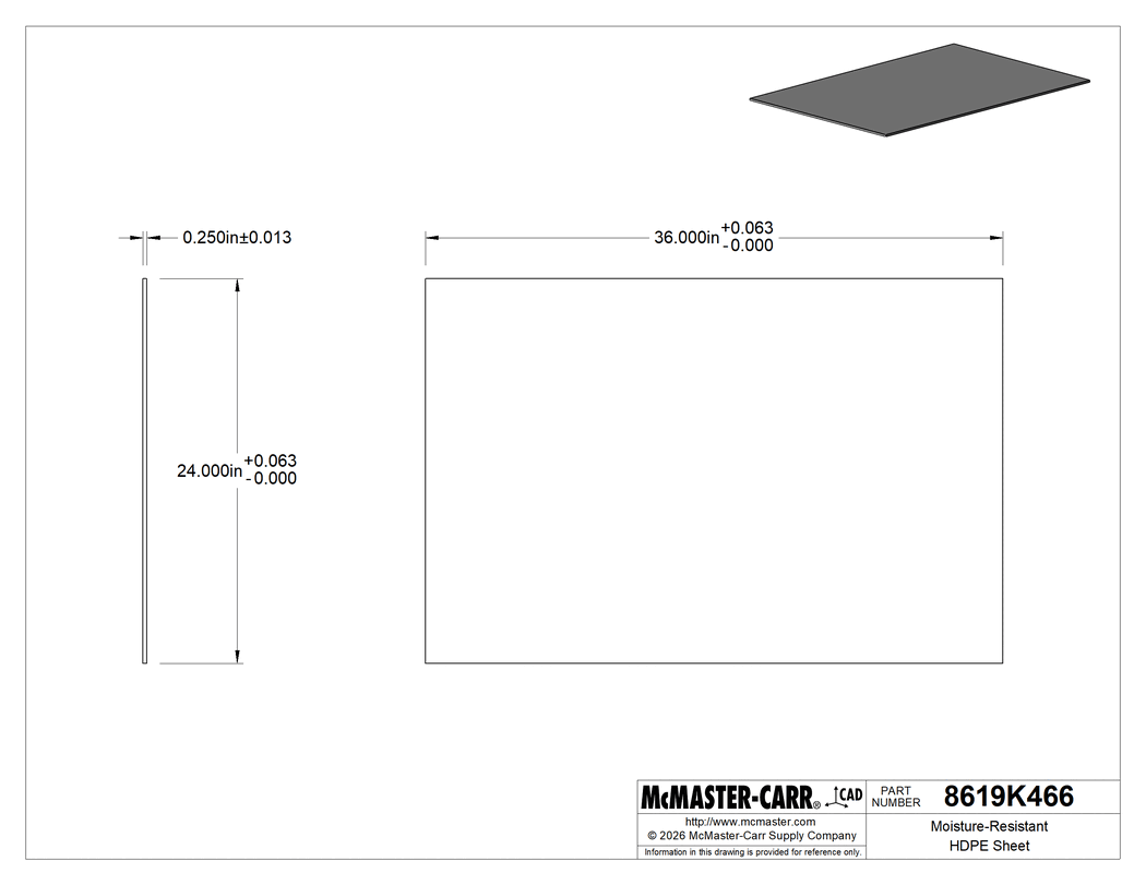 Technical Drawing of Moisture-Resistant HDPE Sheet, 24" x 36" x 1/4".